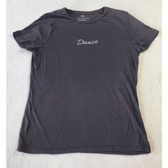Talbots Pima Cotton DANCE Black T-Shirt Rhinestone Embellished Top Med 90s Y2K - Picture 7 of 7